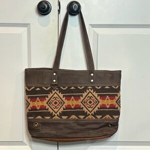 Myra Bag Brick Brown Leather Red Tan Embroidered Cotton Canvas Tote